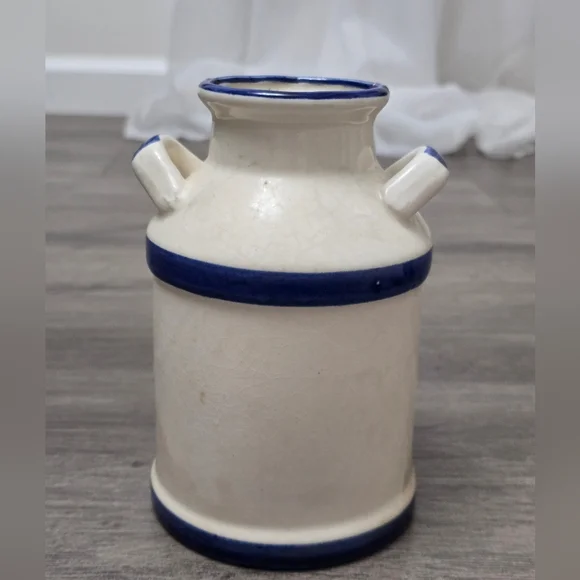 Vtg Farmhouse Chicken Ceramic Milk Can Utensil Holder Blue White - Picture 2 of 8